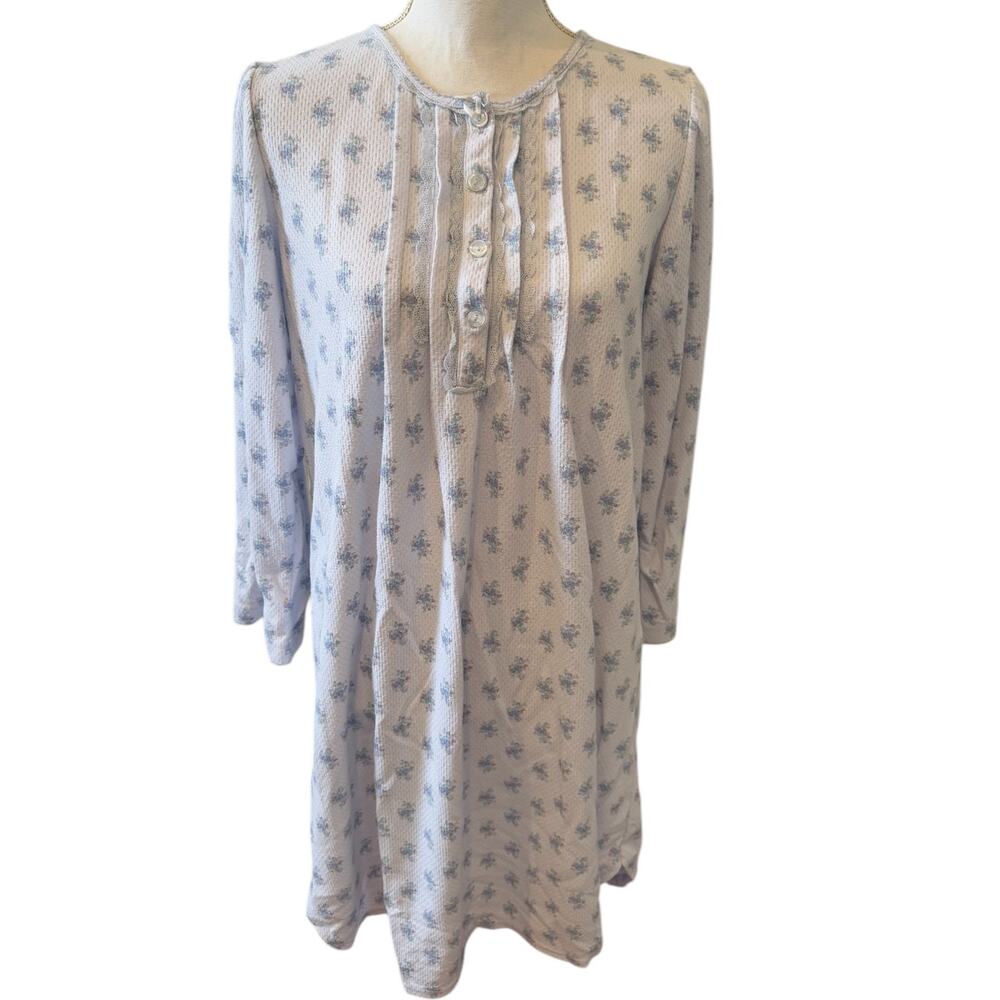 Miss Elaine Long Sleeve Waffle Knit Midi Nightgown Blue Floral Print L